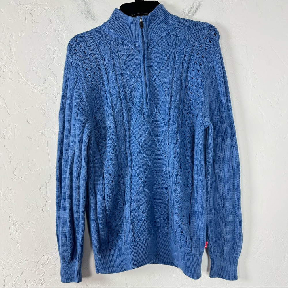 Izod Sweater Pullover Sweatshirt Collared Solid Blue Cable Knit Thick Cotton Top